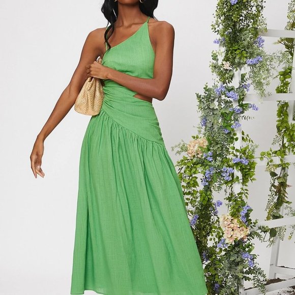 Green Boho Womens Criss Cross Lace Up Backless Cut Out Ruched Ruffle Hem Dress - Picture 4 of 5